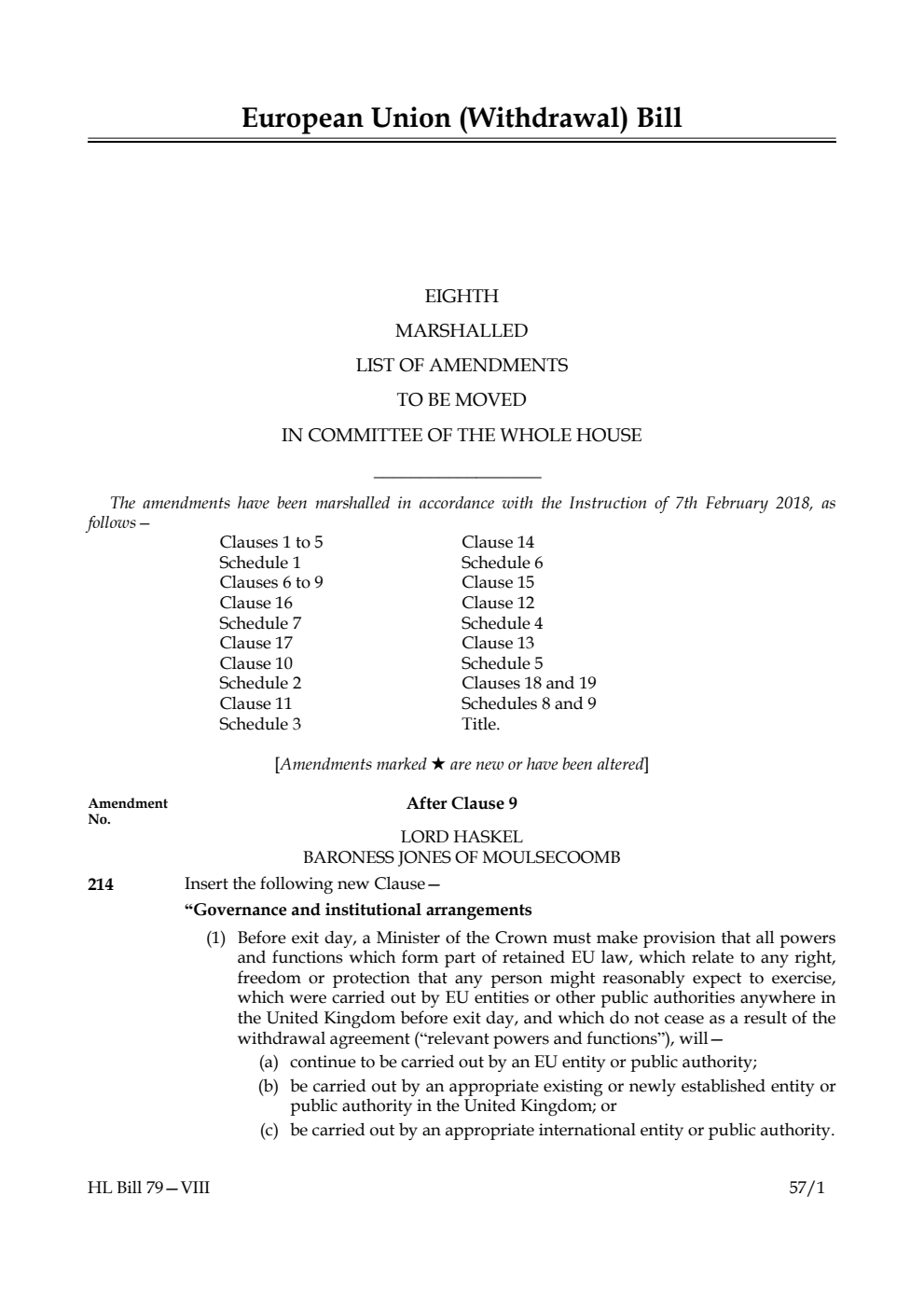 European Union (Withdrawal) Bill Lords Amendments 8th Marshalled List