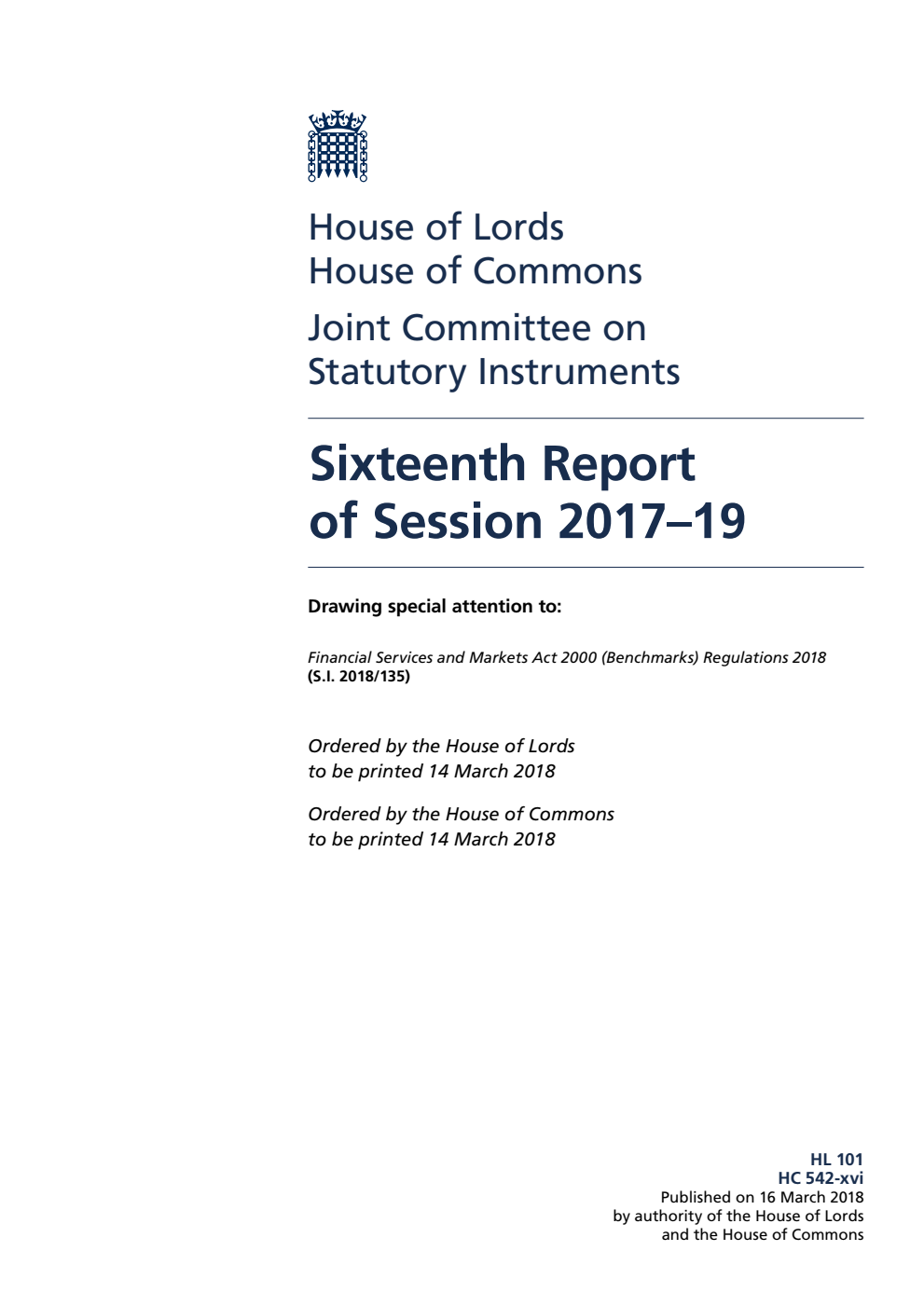 Statutory Instruments Joint Committee 16th Report of Session 2017–19