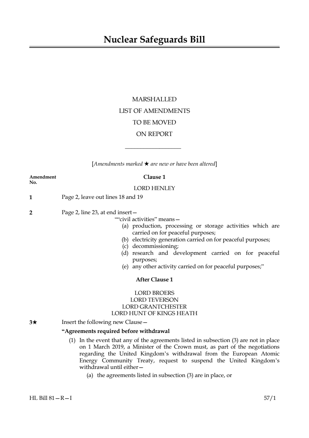 Nuclear Safeguards Bill Lords Amendments 1st Marshalled List