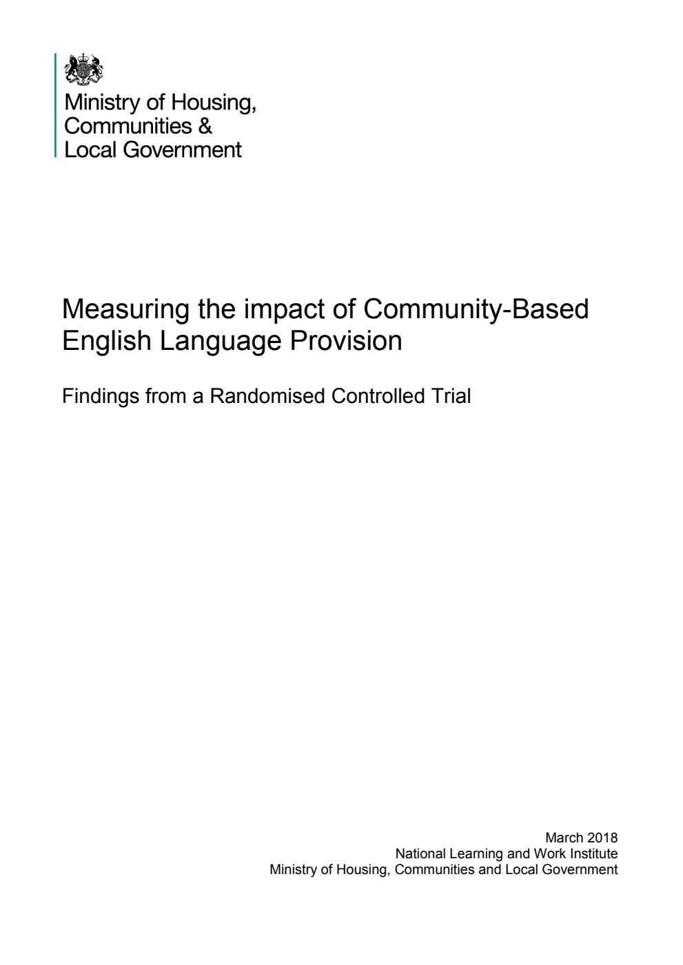 Measuring the impact of Community-Based English Language Provision. Findings from a Randomised Controlled Trial