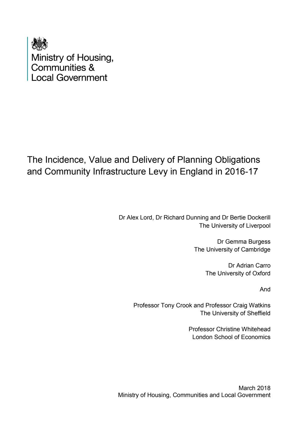 The Incidence, Value and Delivery of Planning Obligations and Community Infrastructure Levy in England in 2016-17