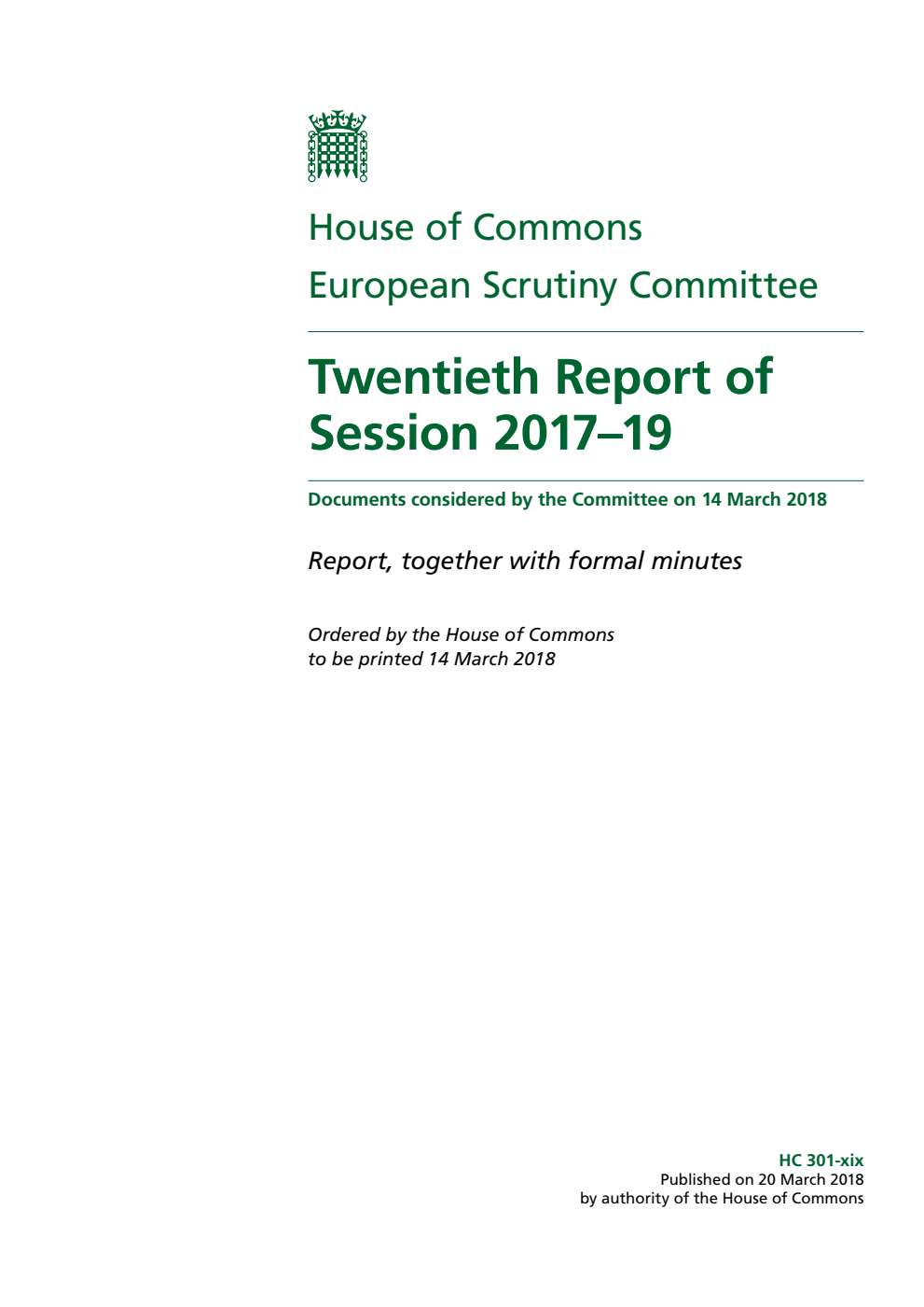 European Scrutiny Committee 20th Report of Session 2017–19