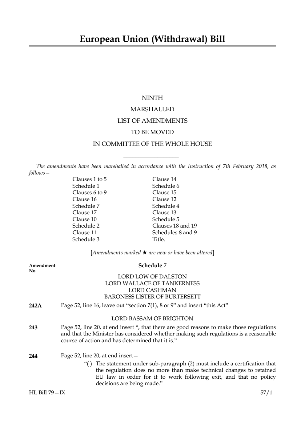 European Union (Withdrawal) Bill Lords Amendments 9th Marshalled List
