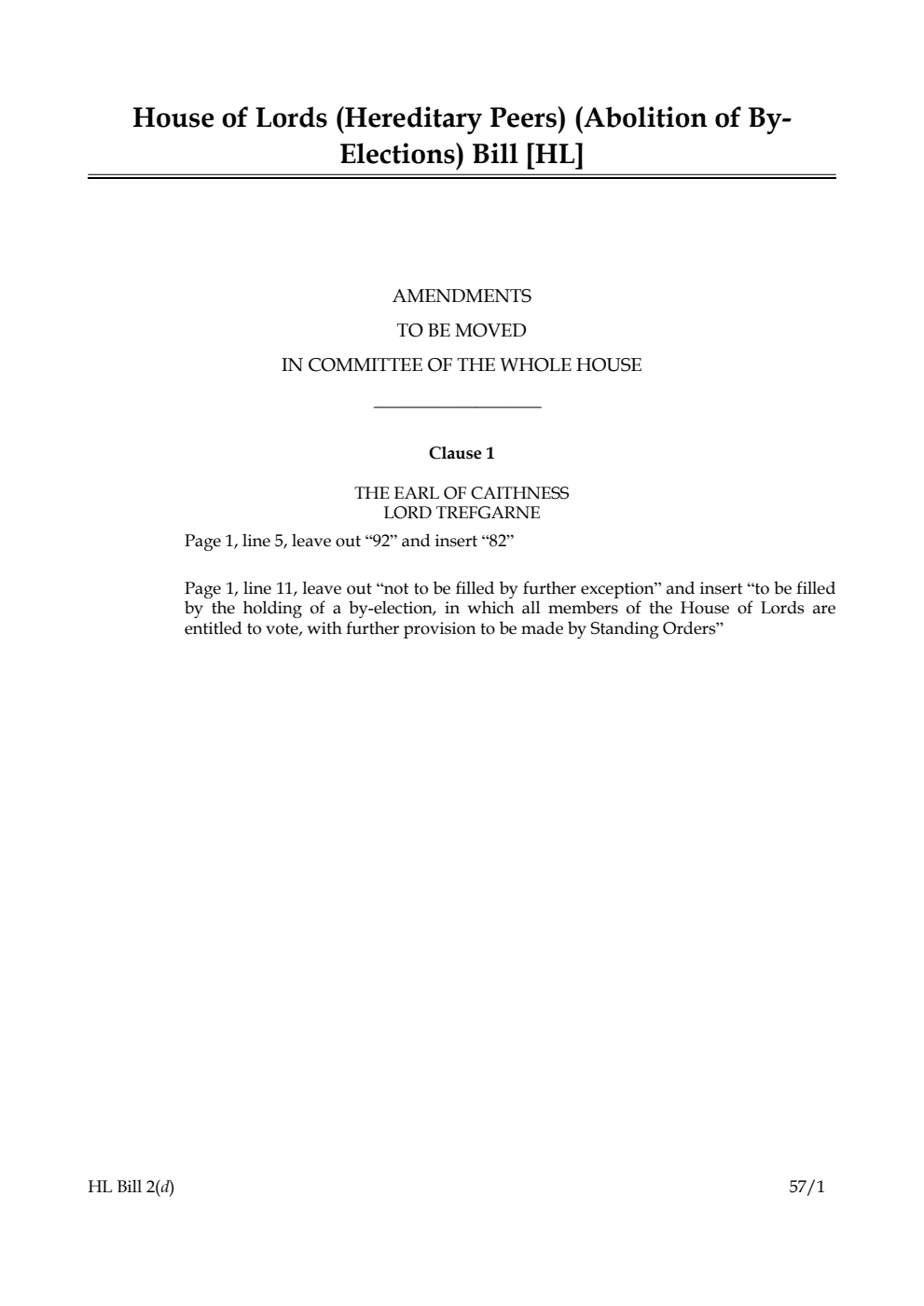 House of Lords (Hereditary Peers) (Abolition of By-Elections) Bill Lords Amendments