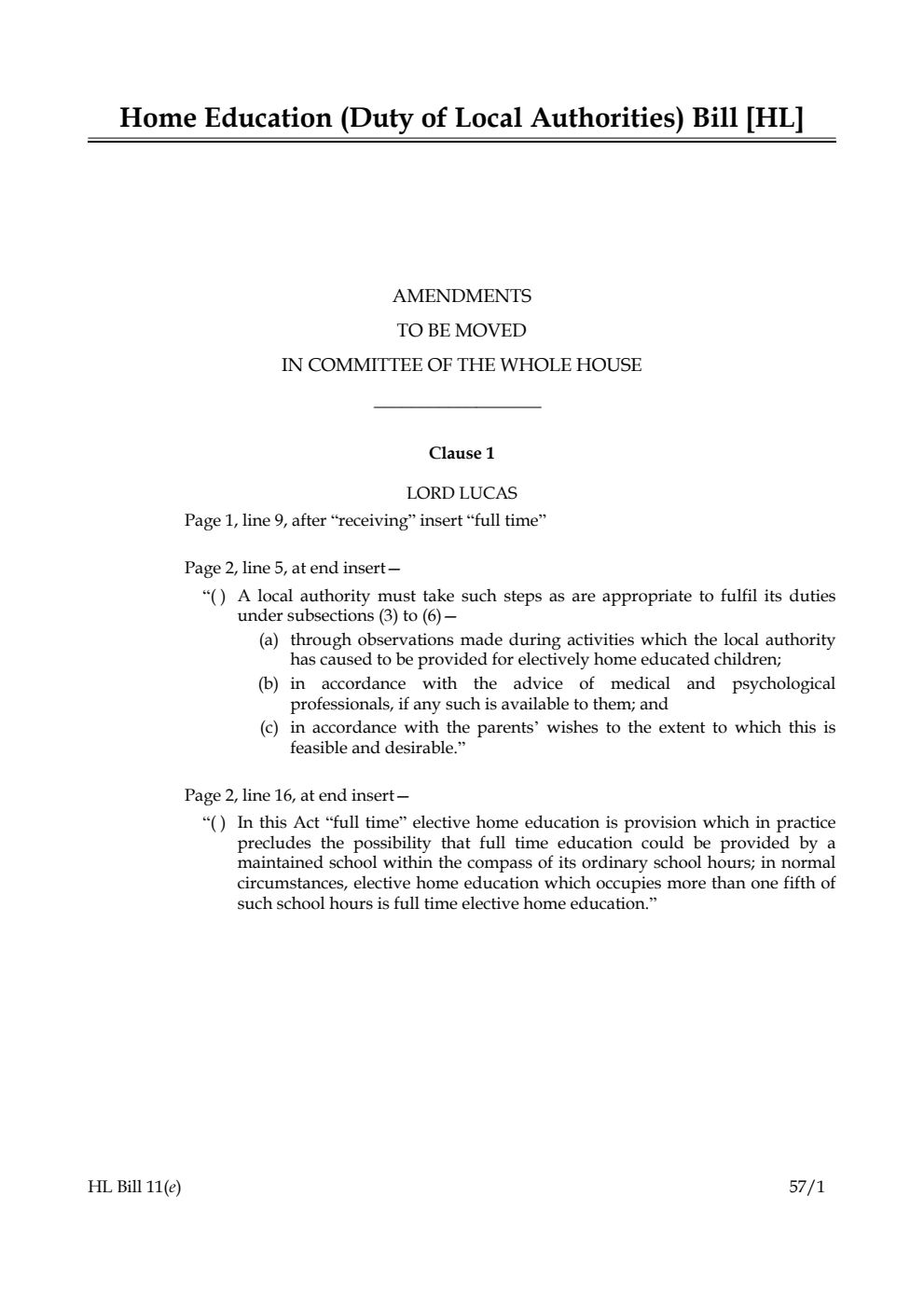 Home Education (Duty of Local Authorities) Bill Lords Amendments