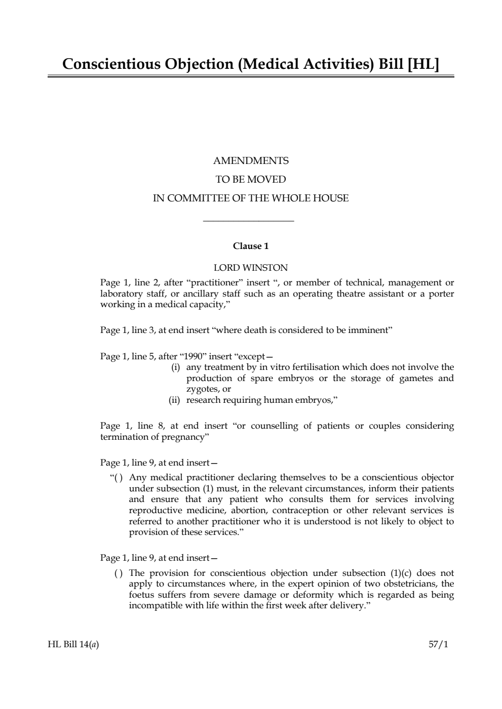Conscientious Objection (Medical Activities) Bill Lords Amendments