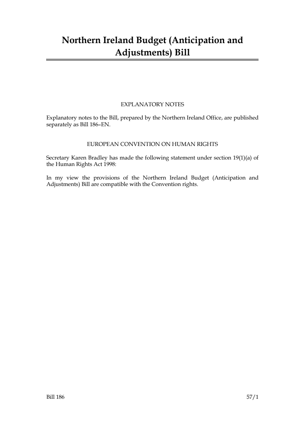 Northern Ireland Budget (Anticipation and Adjustments) Bill