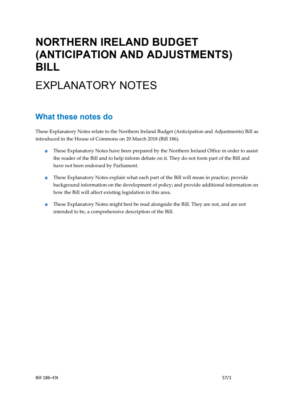 Northern Ireland Budget (Anticipation and Adjustments) Bill Explanatory Notes