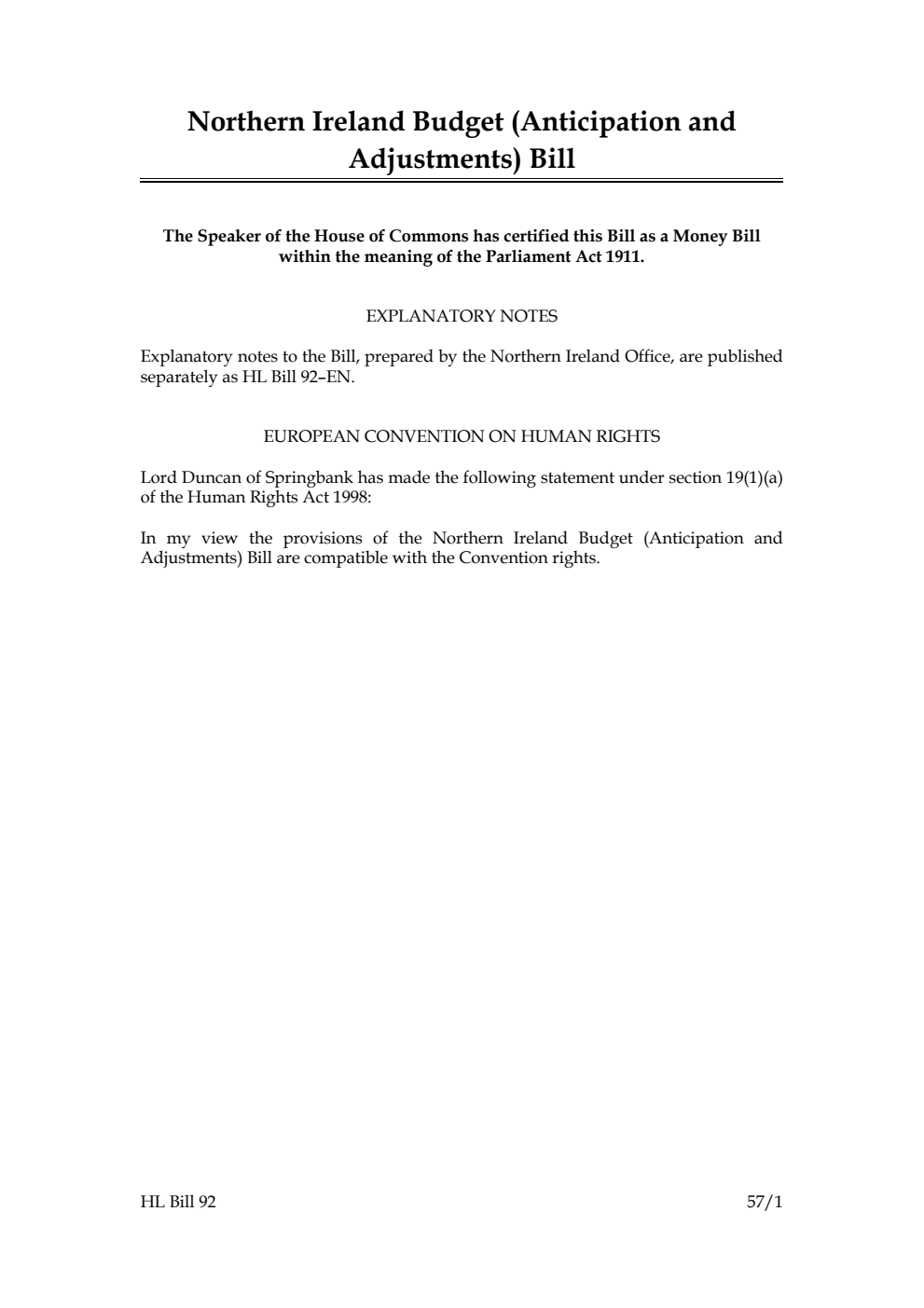 Northern Ireland Budget (Anticipation and Adjustments) Bill