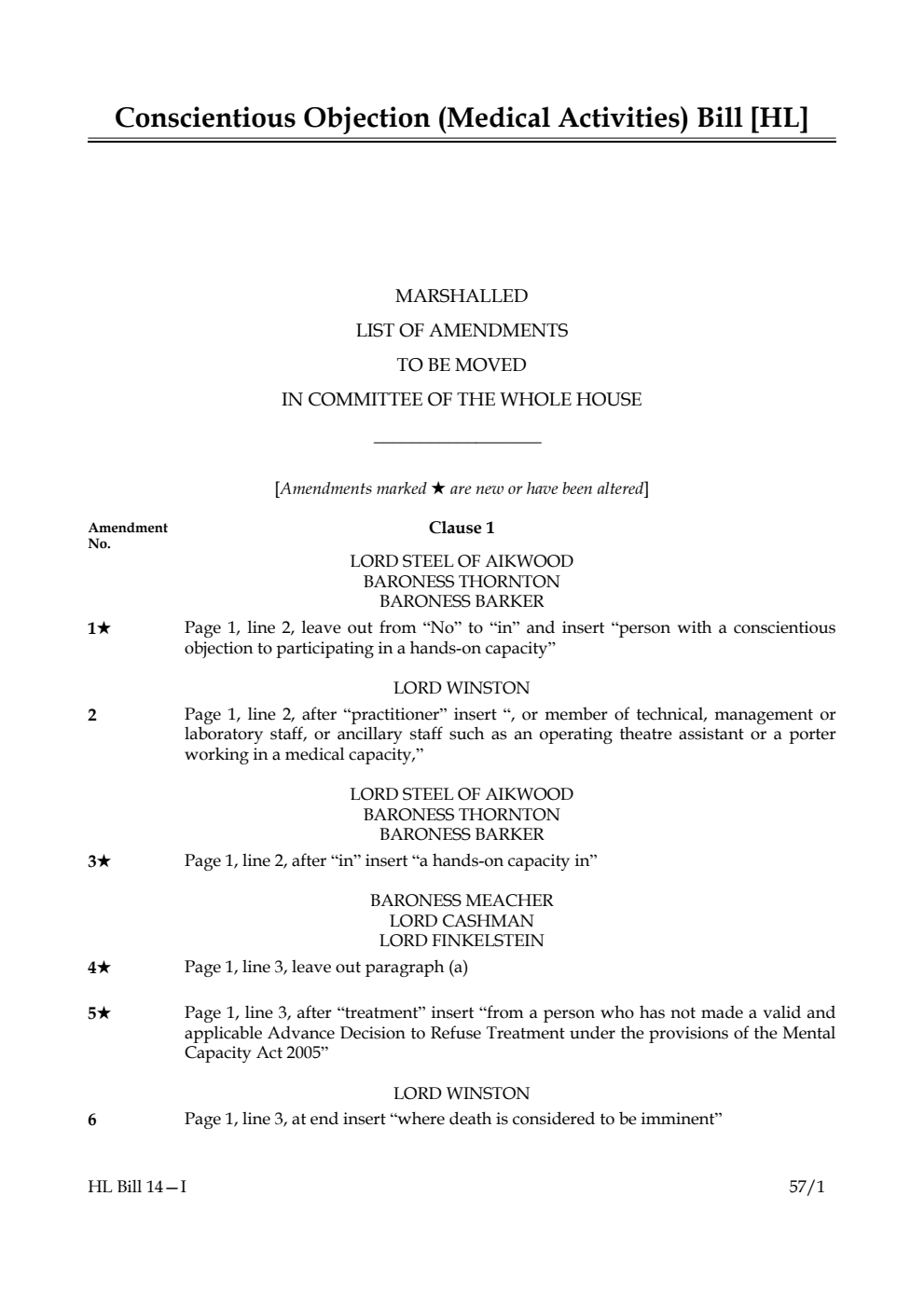 Conscientious Objection (Medical Activities) Bill 1st Marshalled List