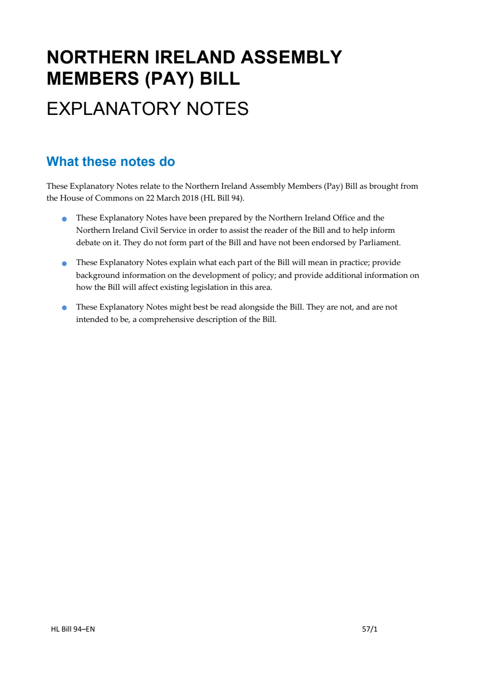 Northern Ireland Assembly Members (Pay) Bill Explanatory Notes