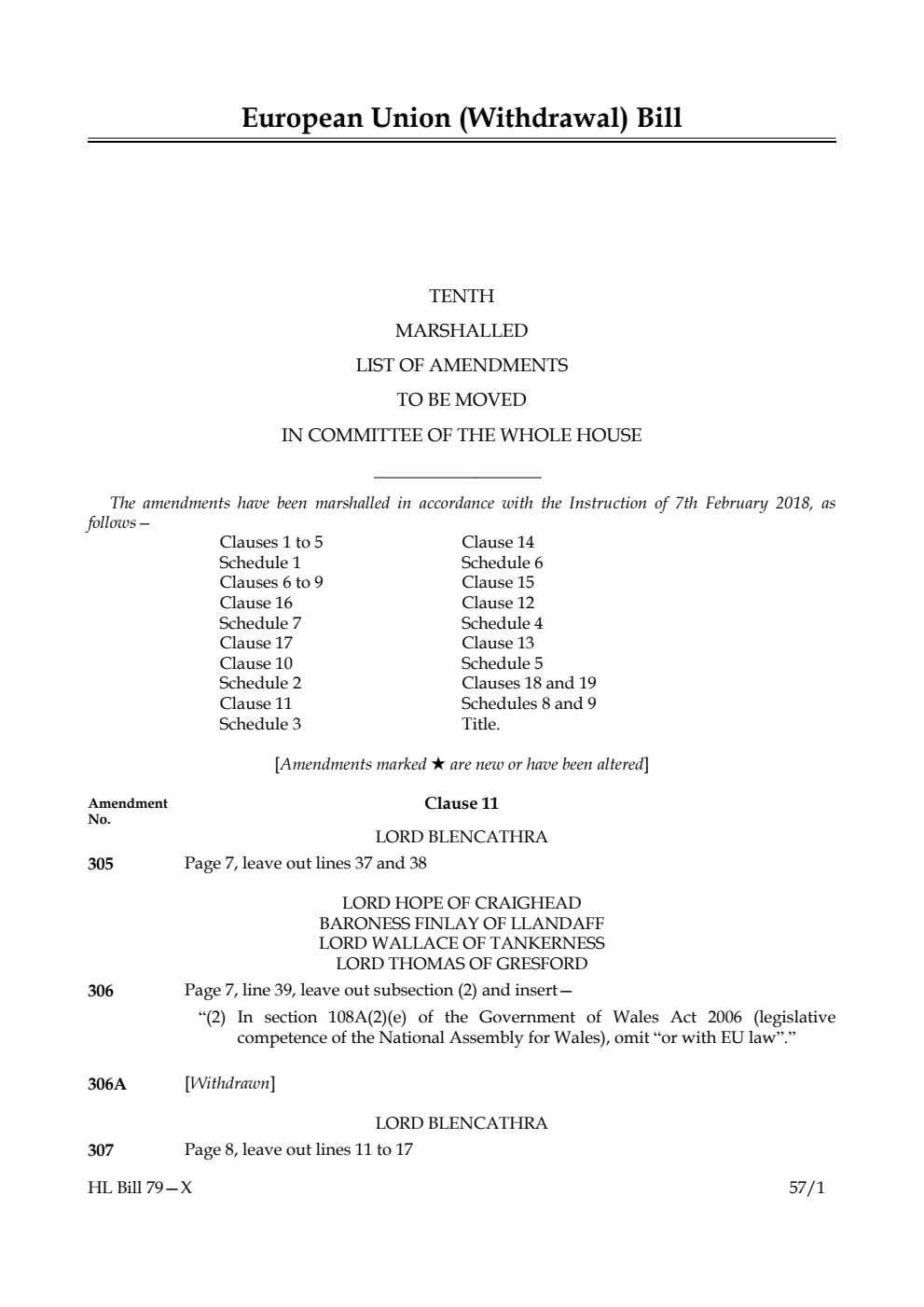 European Union (Withdrawal) Bill Lords Amendments 10th Marshalled List