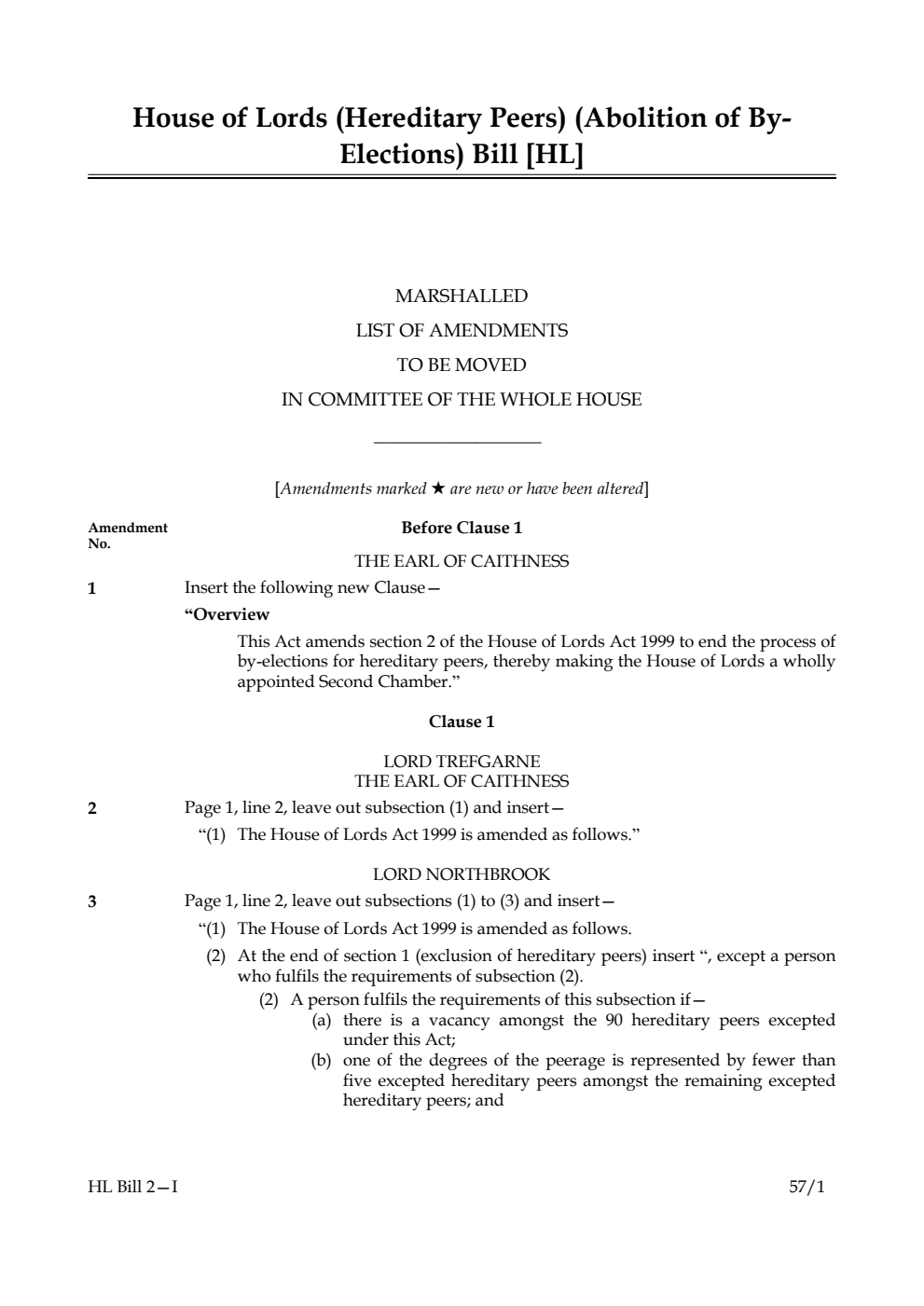 House of Lords (Hereditary Peers) (Abolition of By-Elections) Bill 1st Marshalled List