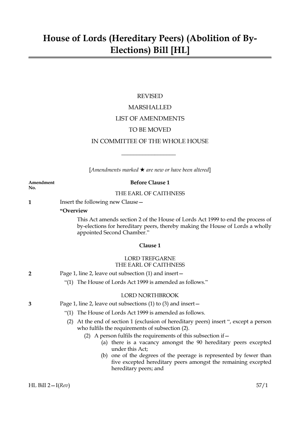 House of Lords (Hereditary Peers) (Abolition of By-Elections) Bill Lords Amendments Revised 1st Marshalled List