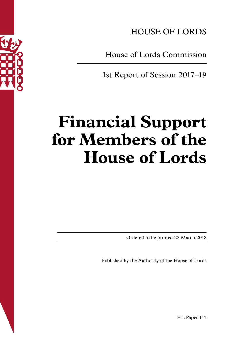 House of Lords Commission 1st Report. Financial Support for Members of the House of Lords