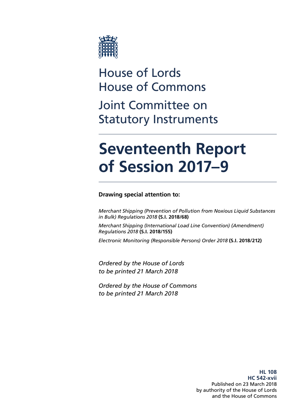 Statutory Instruments Joint Committee 17th Report of Session 2017–19