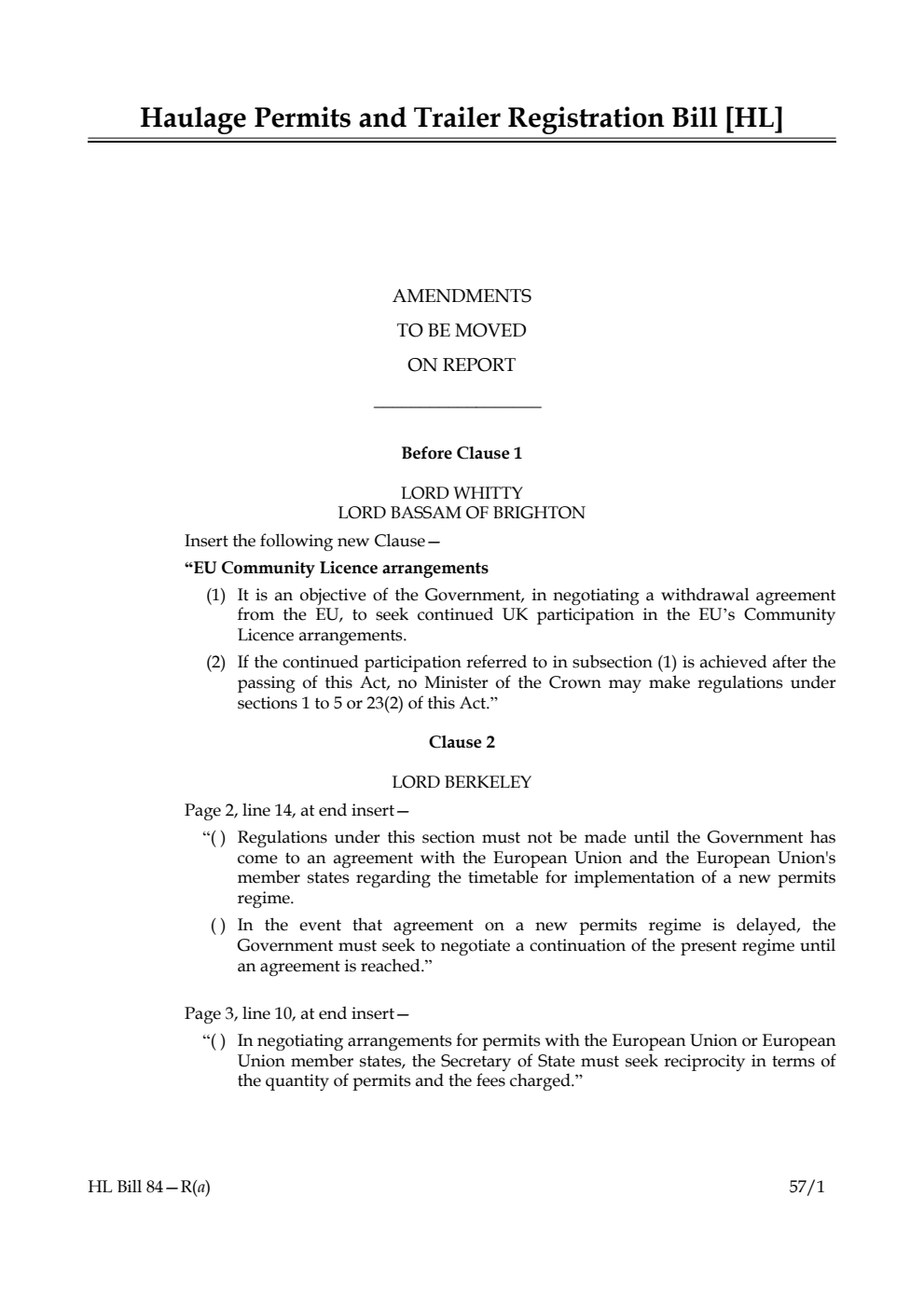 Haulage Permits and Trailer Registration Bill Amendments