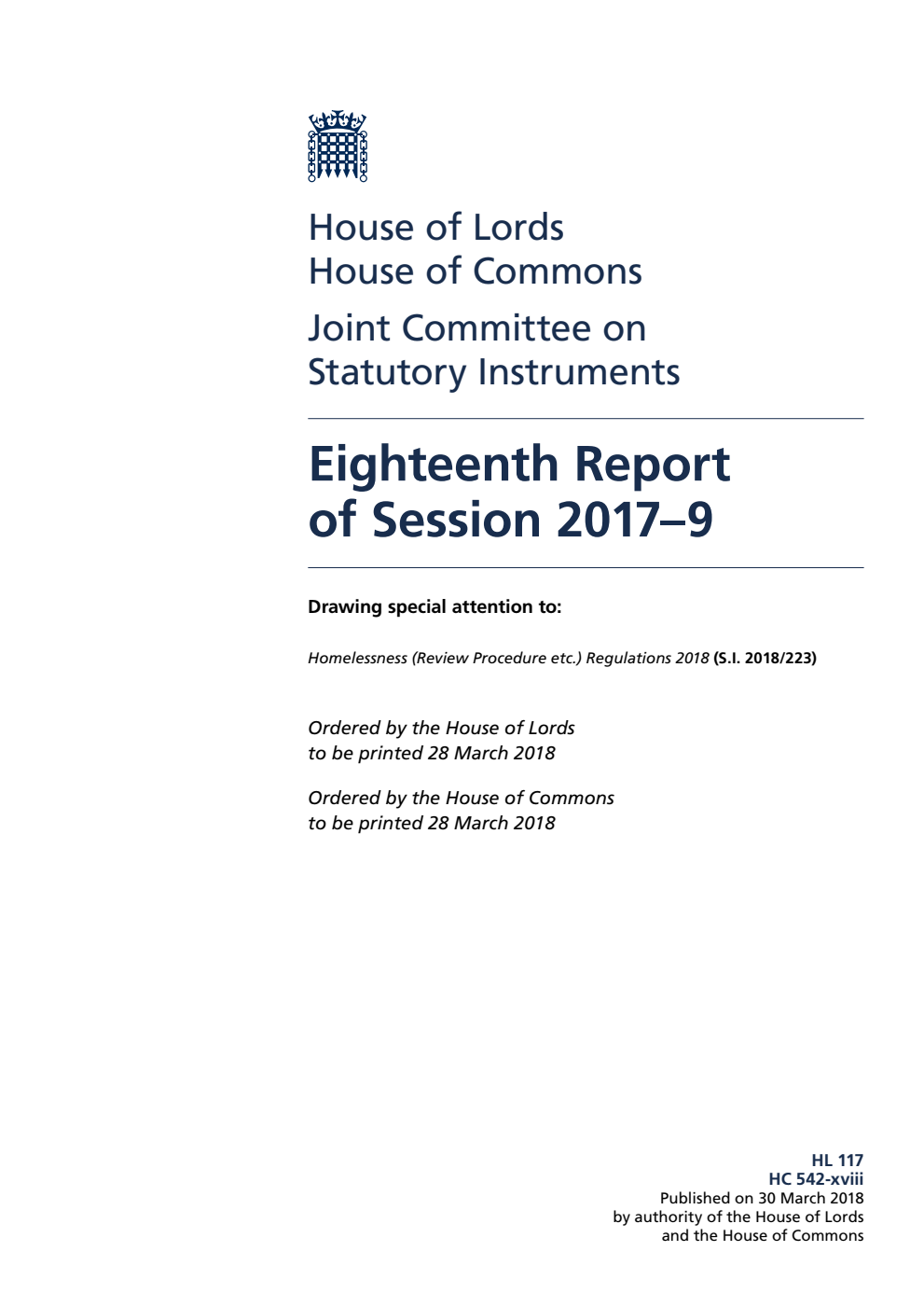 Statutory Instruments Joint Committee 18th Report of Session 2017–19