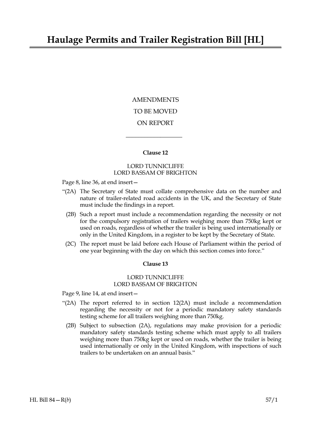 Haulage Permits and Trailer Registration Bill Amendments