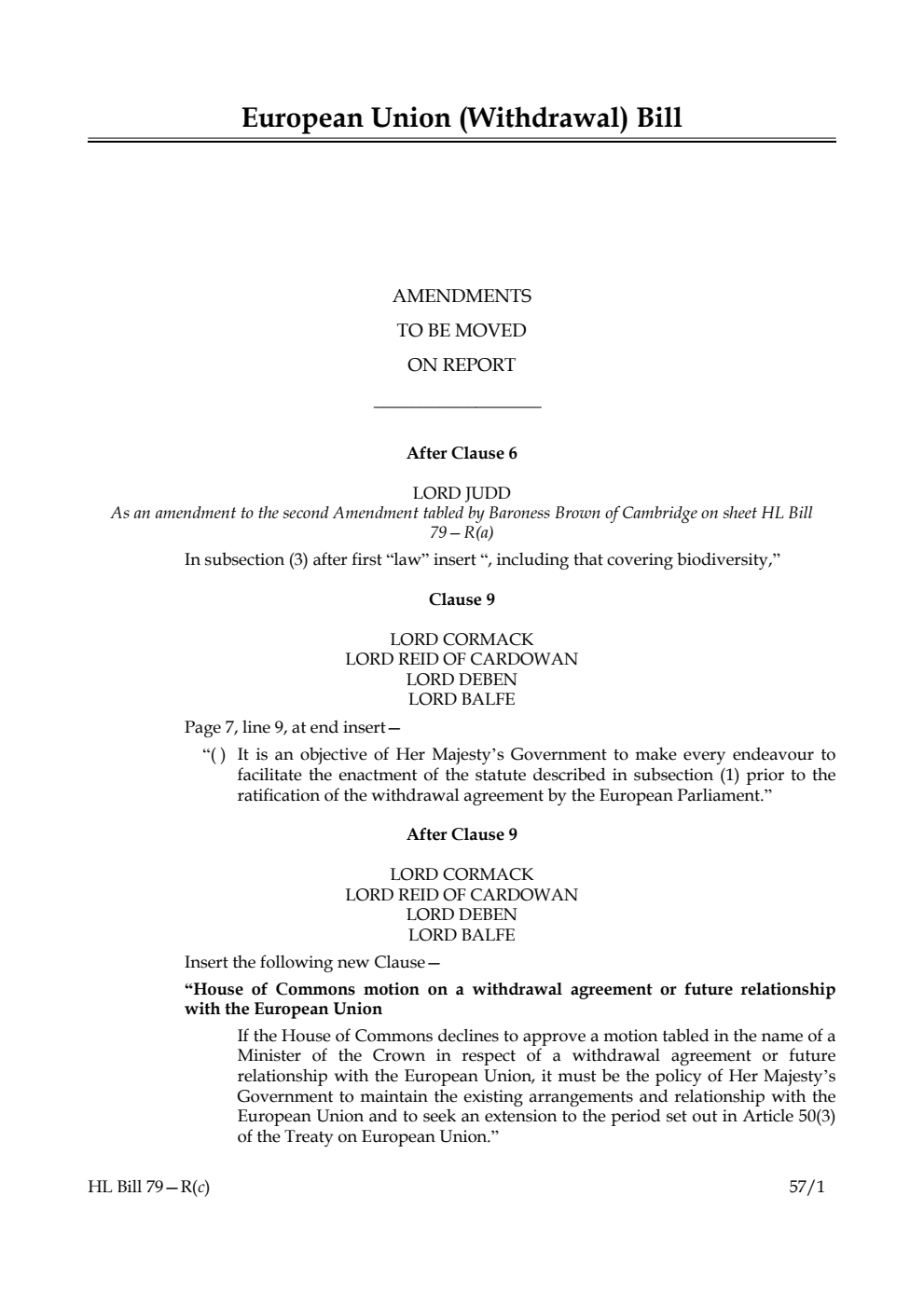 European Union (Withdrawal) Bill Amendments