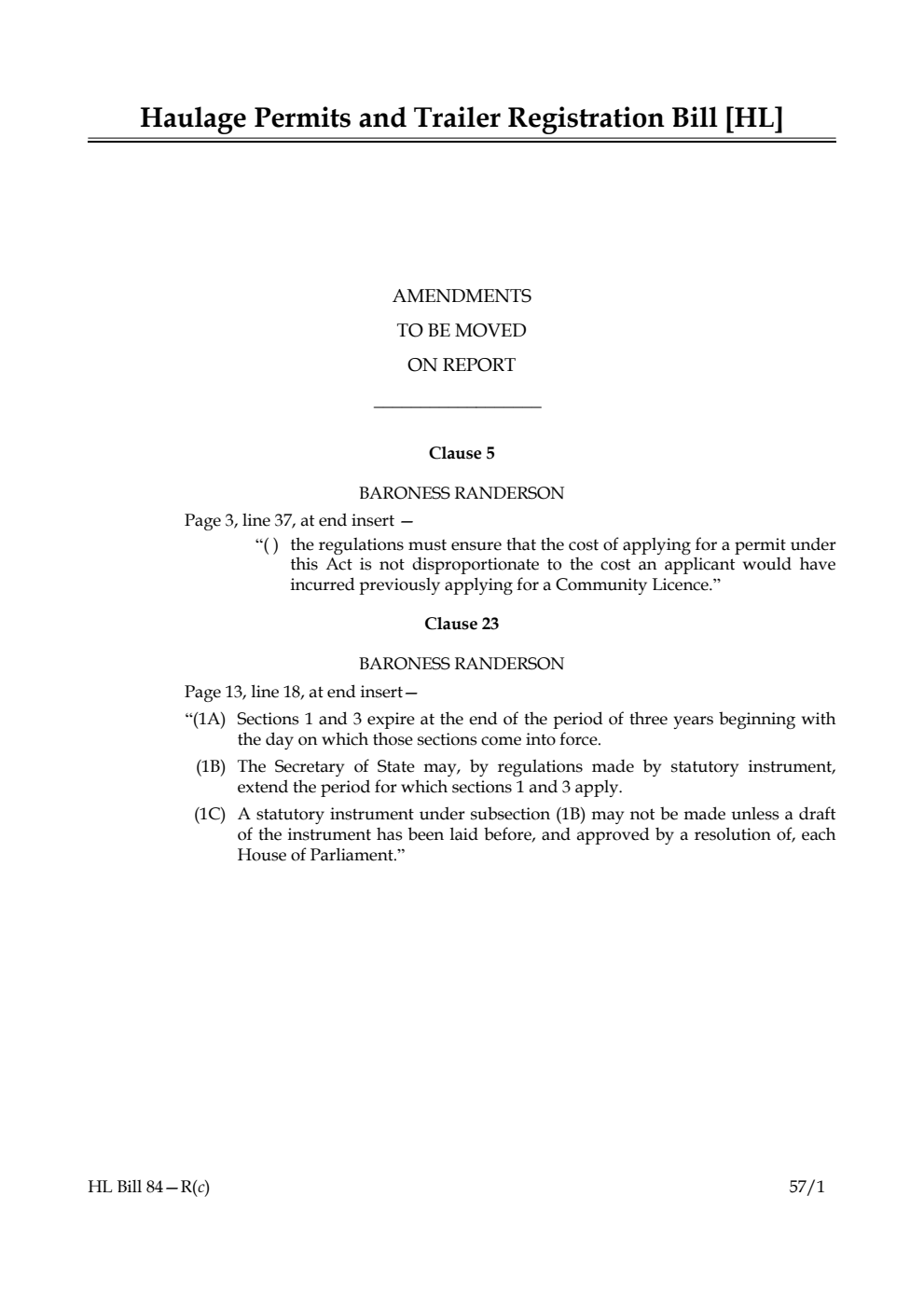 Haulage Permits and Trailer Registration Bill Amendments