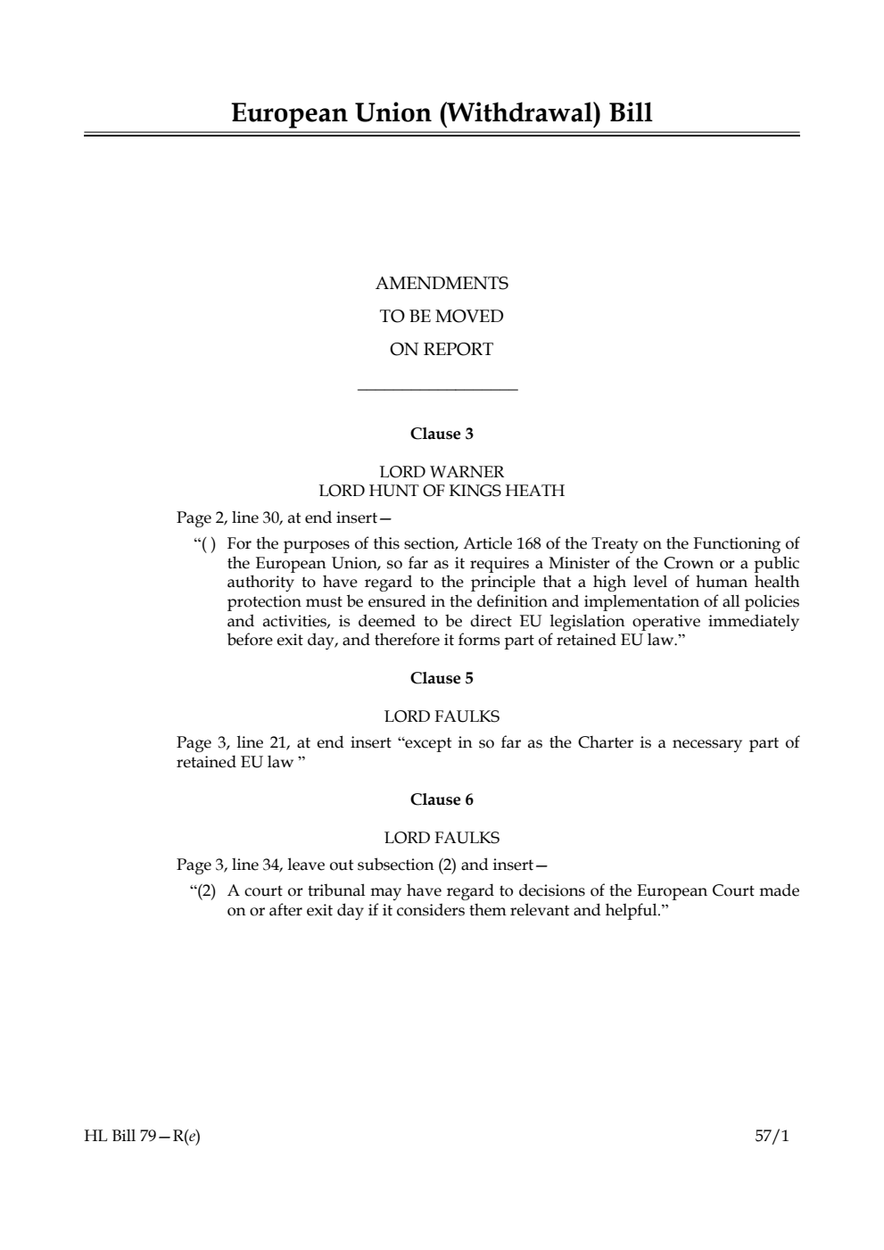 European Union (Withdrawal) Bill Amendments