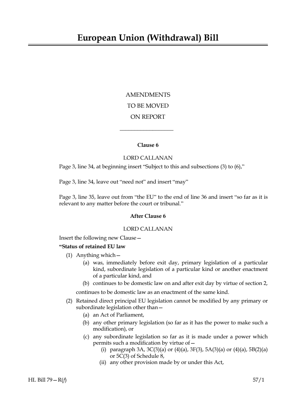 European Union (Withdrawal) Bill Amendments