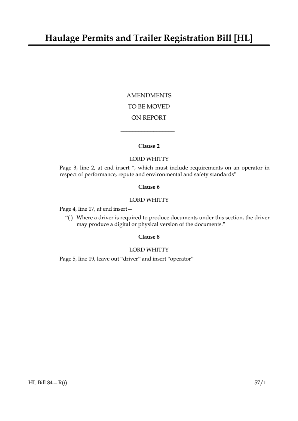 Haulage Permits and Trailer Registration Bill Amendments