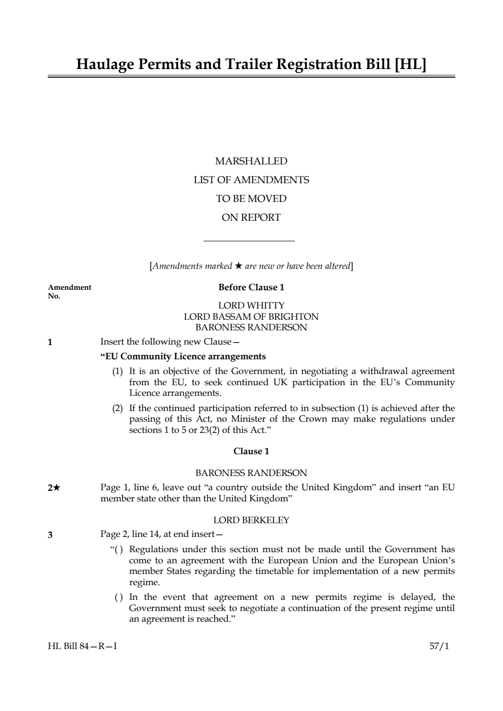 Haulage Permits and Trailer Registration Bill Lords Amendments 1st Marshalled List