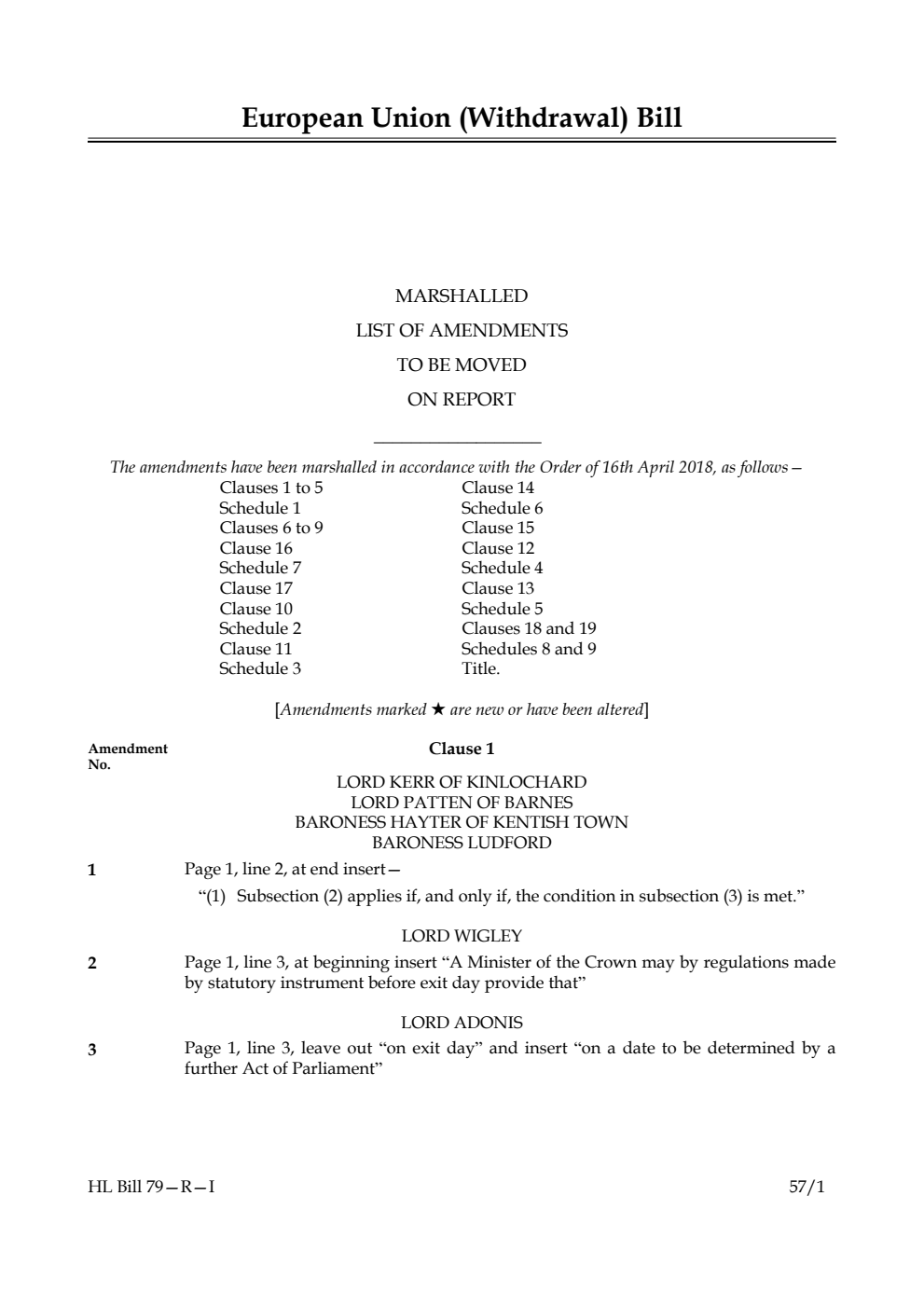 European Union (Withdrawal) Bill Amendments 1st Marshalled List