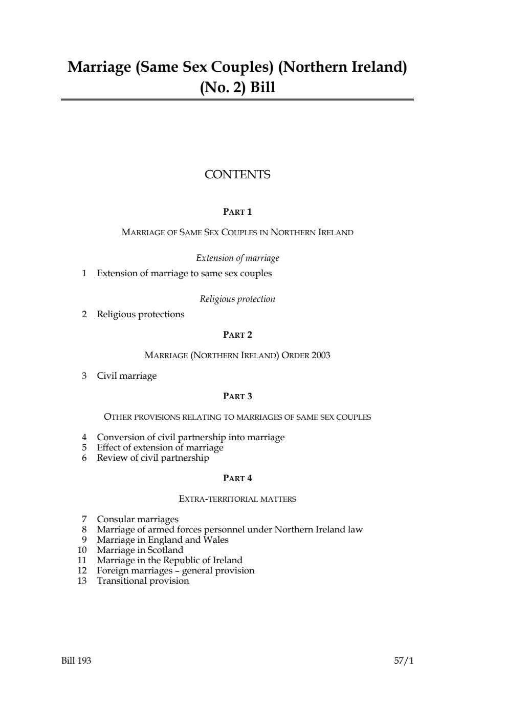 Marriage (Same Sex Couples) (Northern Ireland) (No. 2) Bill