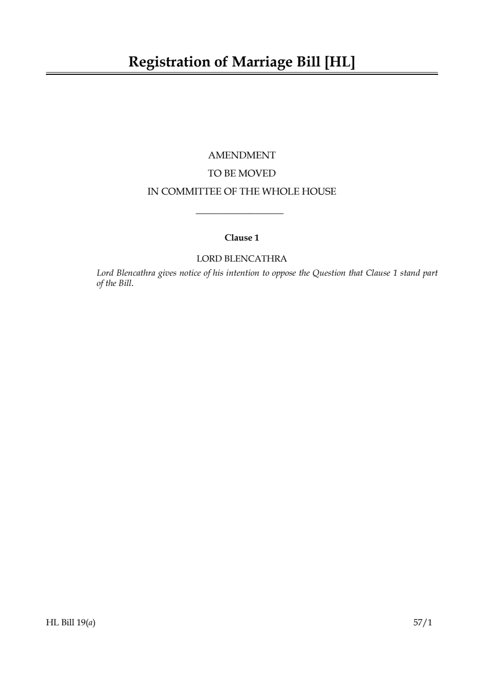 Registration of Marriage Bill Amendments