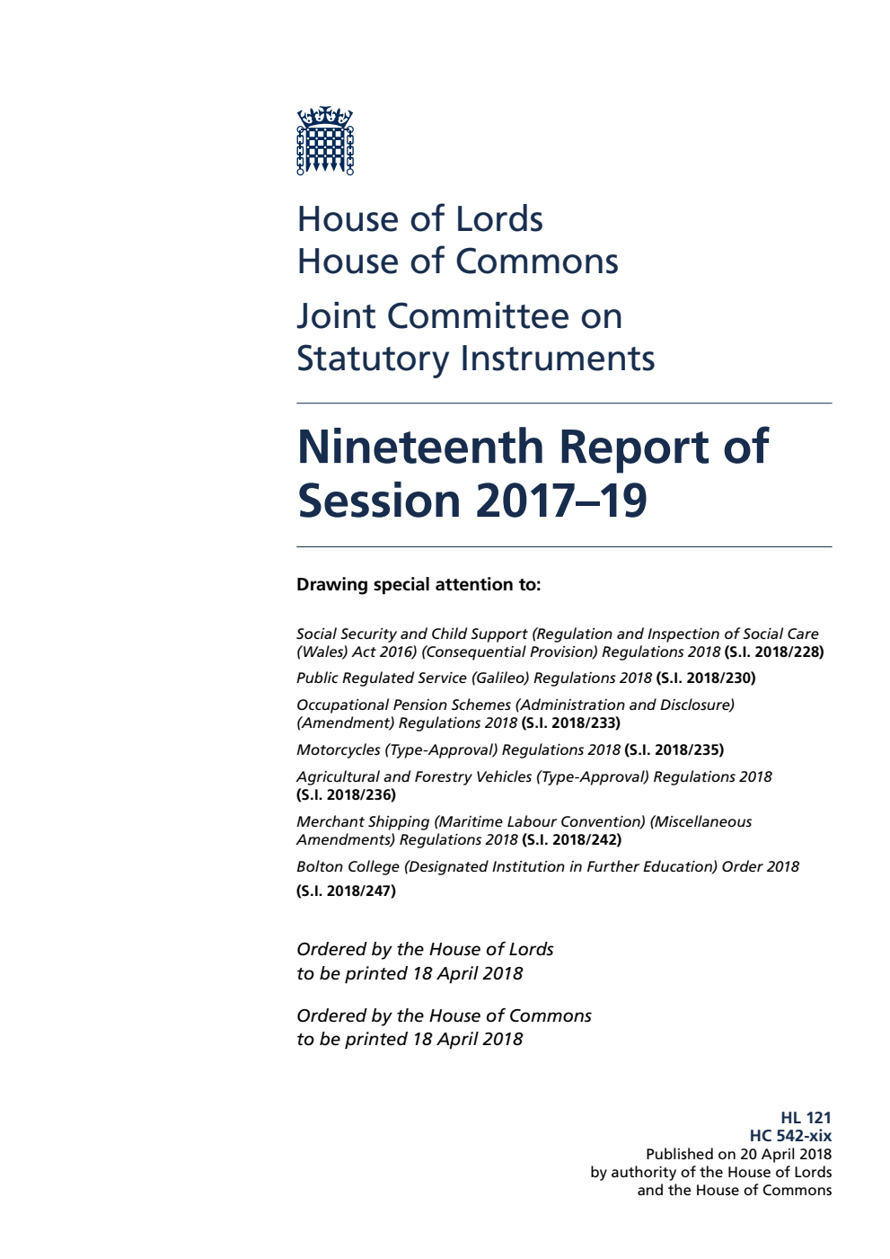 Statutory Instruments Joint Committee 19th Report of Session 2017–19