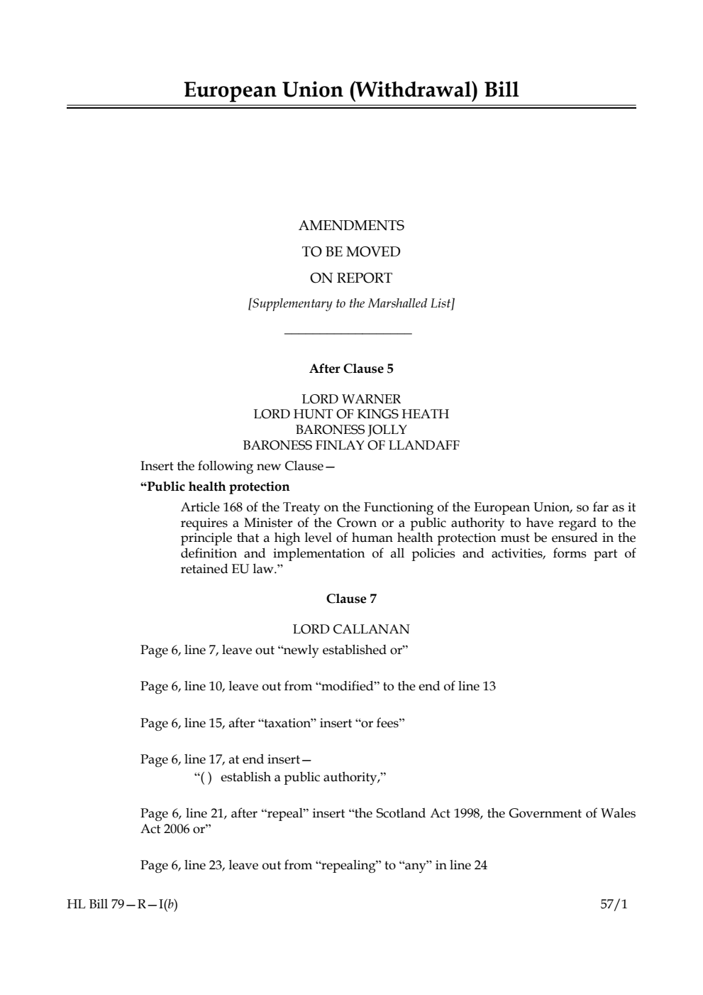 European Union (Withdrawal) Bill Amendments [Supplementary to the Marshalled List]