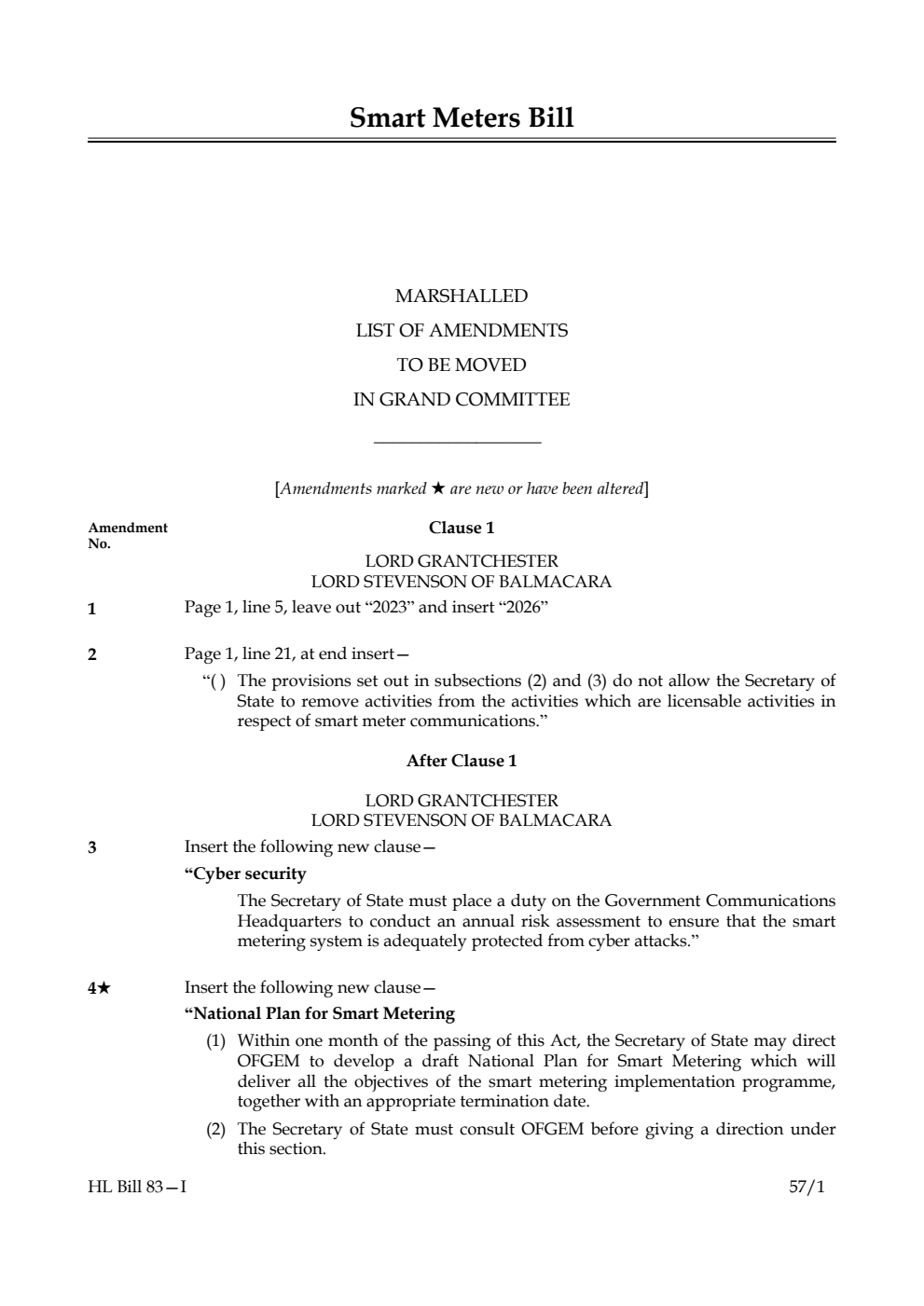 Smart Meters Bill Amendments 1st Marshalled List