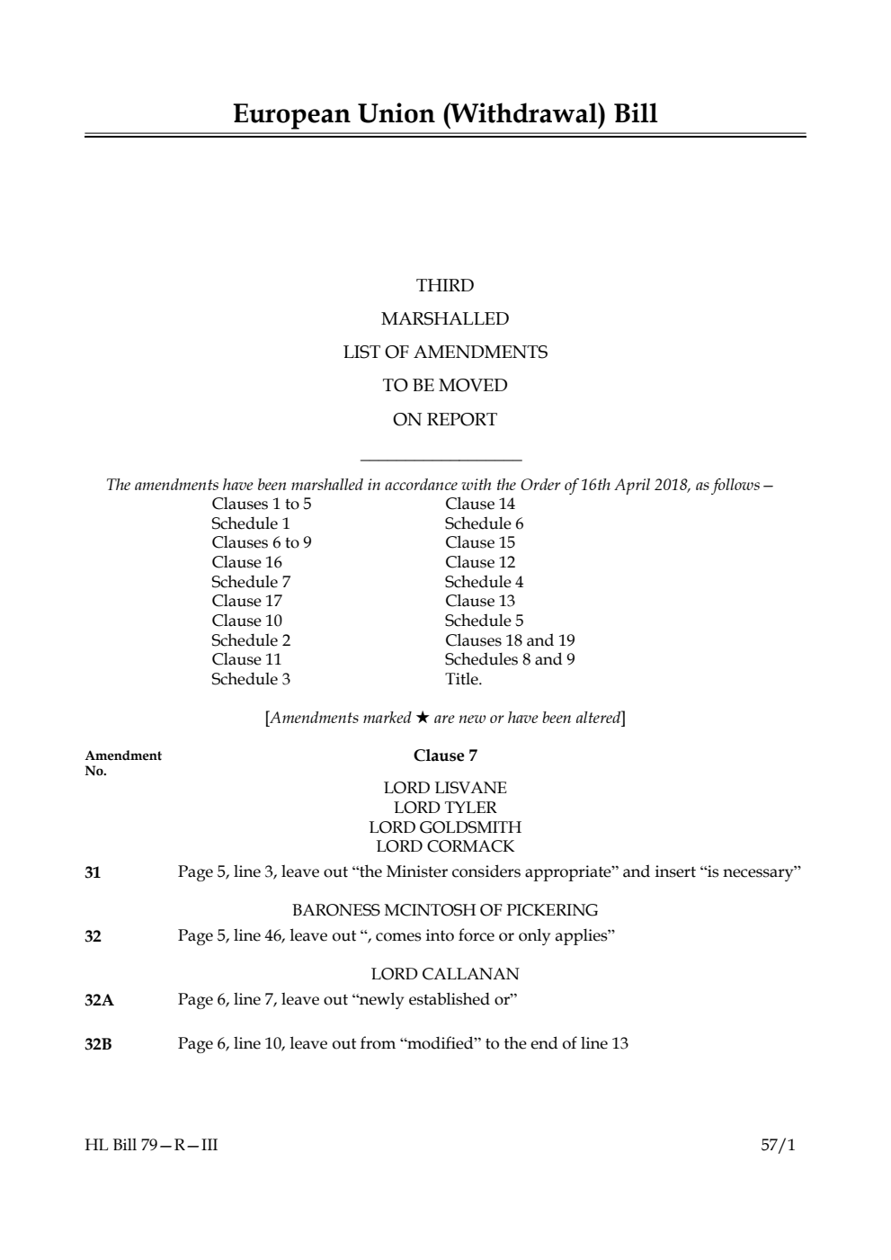 European Union (Withdrawal) Bill Amendments 3rd Marshalled List