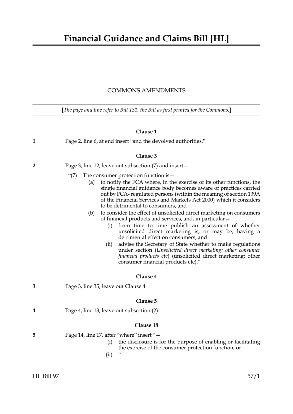 Financial Guidance and Claims Bill Commons Amendments