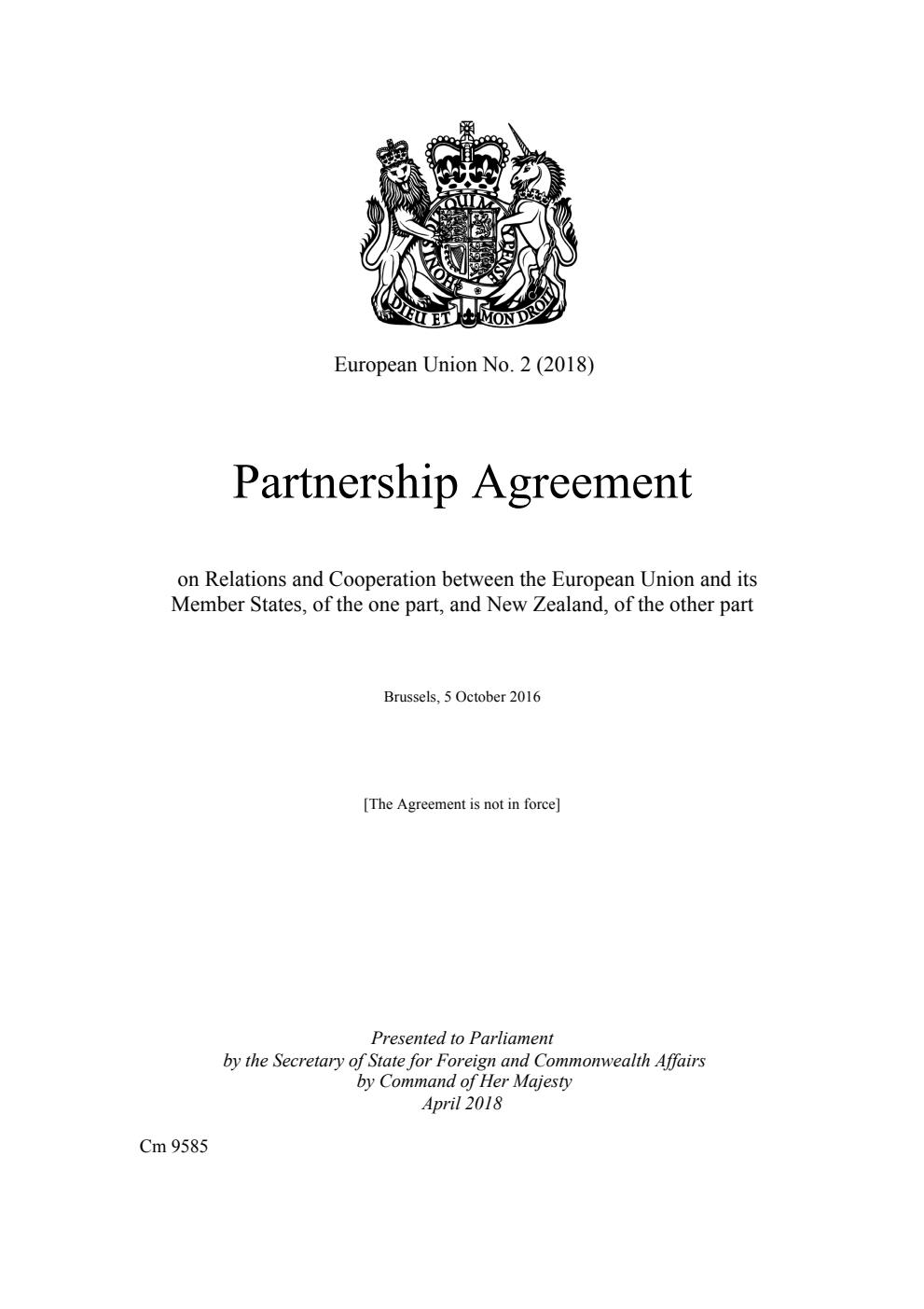 European Union No. 2 (2018) Partnership Agreement on Relations and Cooperation between the European Union and its Member States, of the one part, and New Zealand, of the other part
