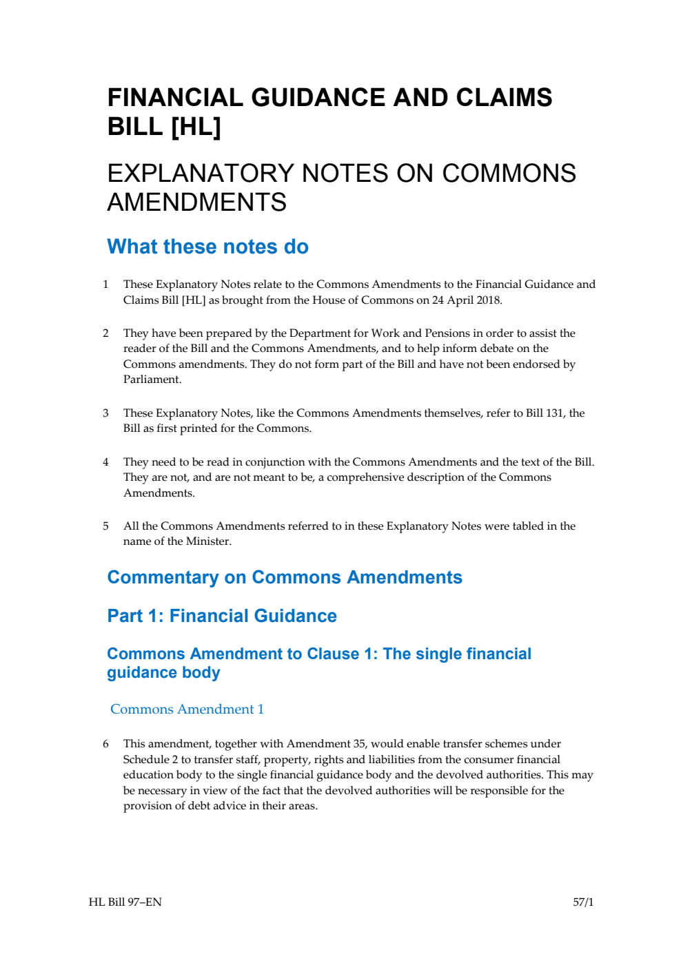 Financial Guidance and Claims Bill Explanatory Notes