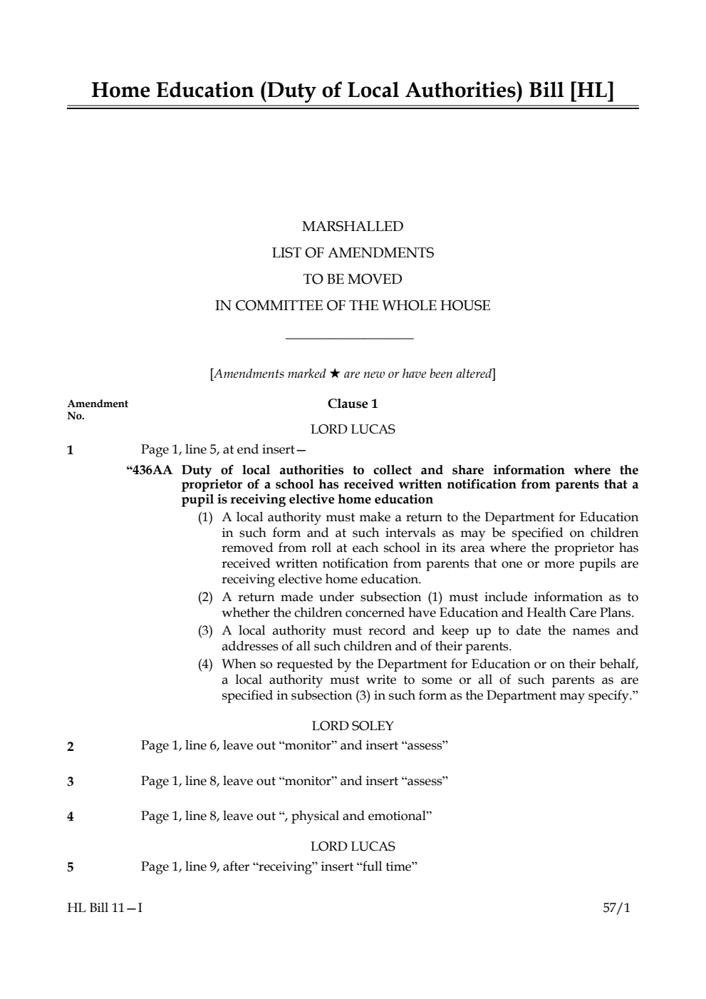 Home Education (Duty of Local Authorities) Bill Lords Amendments 1st Marshalled List