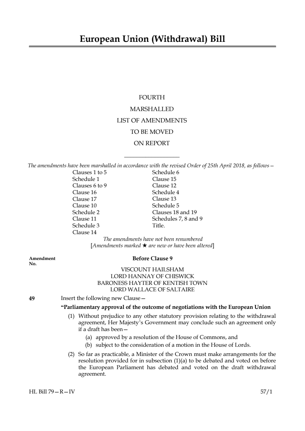 European Union (Withdrawal) Bill Lords Amendments 4th Marshalled List to be moved on report