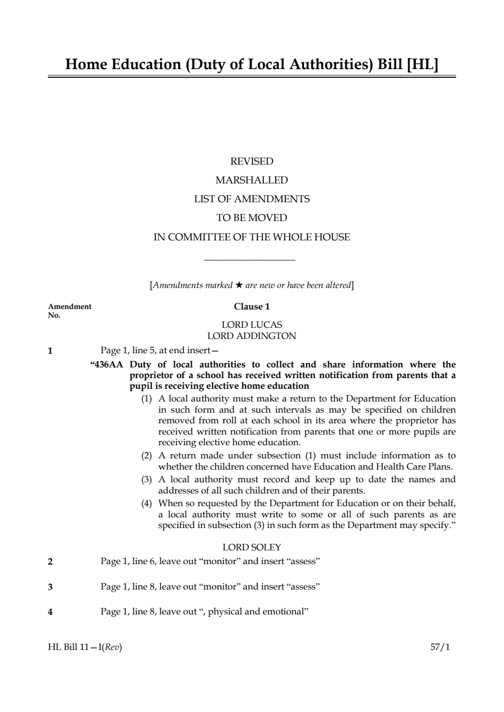 Home Education (Duty of Local Authorities) Bill Lords Amendments Revised 1st Marshalled List