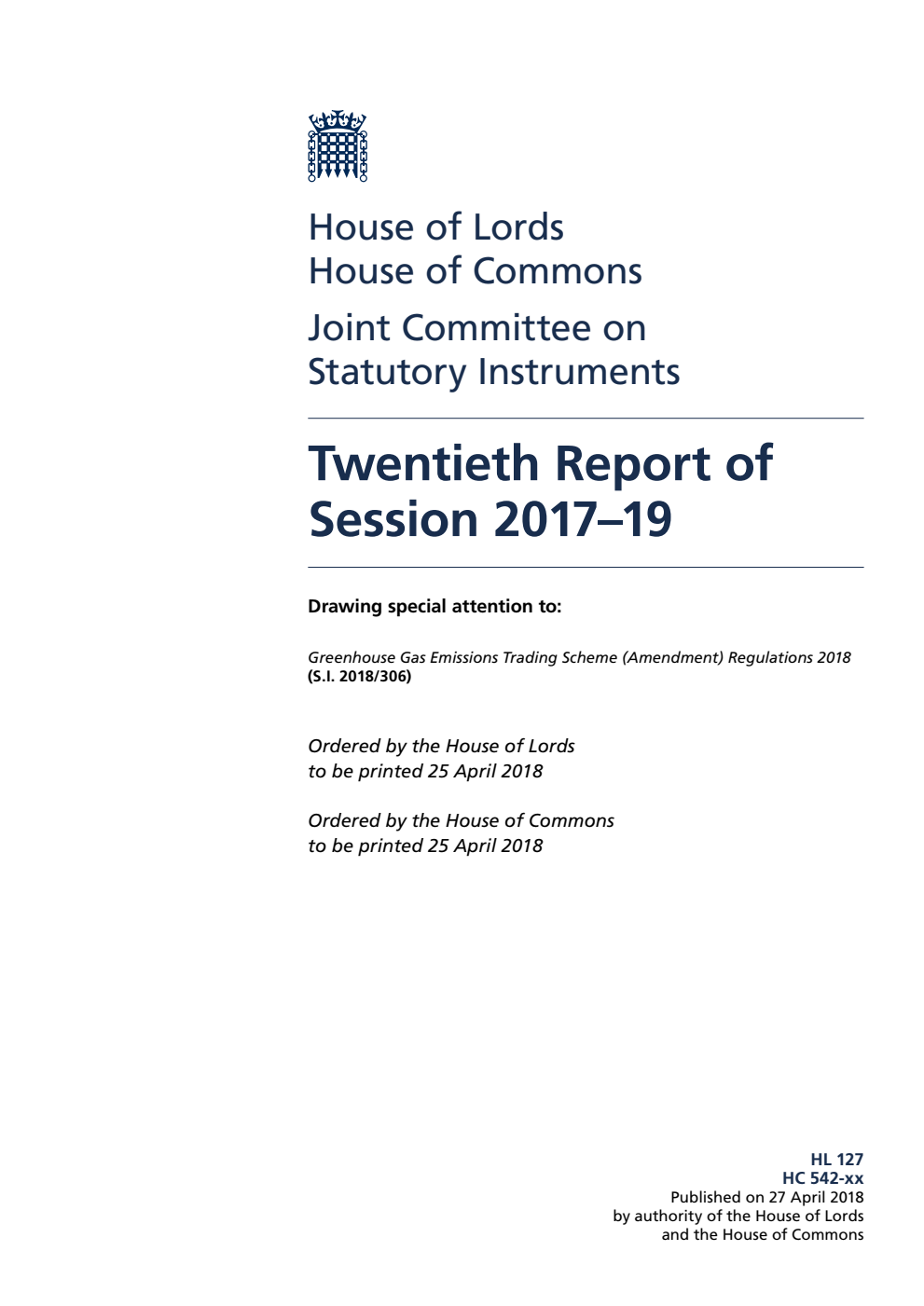 Statutory Instruments Joint Committee 20th Report of Session 2017–19