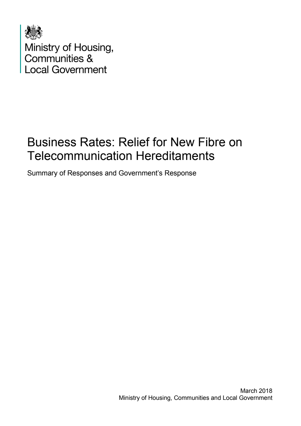 Business Rates: Relief for New Fibre on Telecommunication Hereditaments. Summary of Responses and Government’s Response