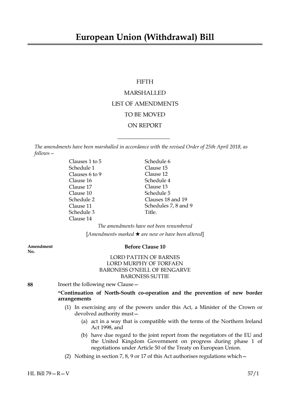 European Union (Withdrawal) Bill Lords Amendments 5th Marshalled List to be moved on report