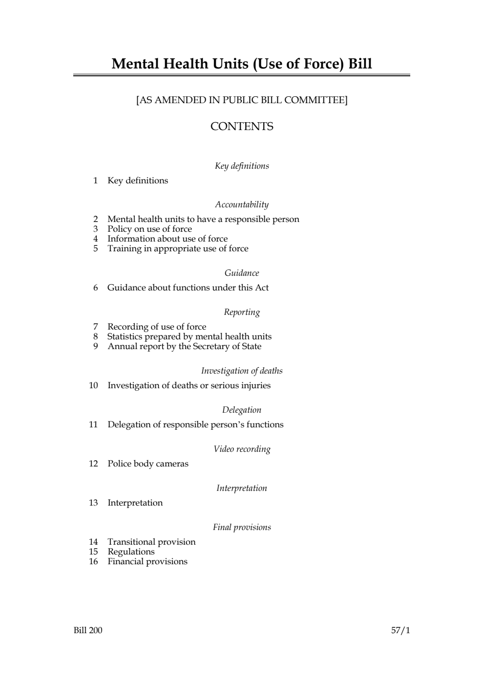 Mental Health Units (Use of Force) Bill [as amended in Public Bill Committee]