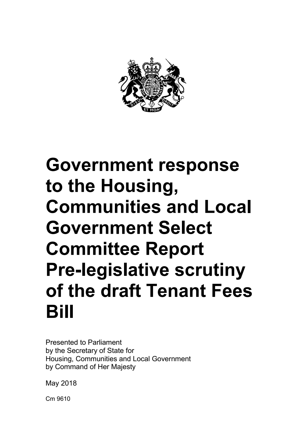Government response to the Housing, Communities and Local Government Select Committee Report Pre-legislative scrutiny of the draft Tenant Fees Bill