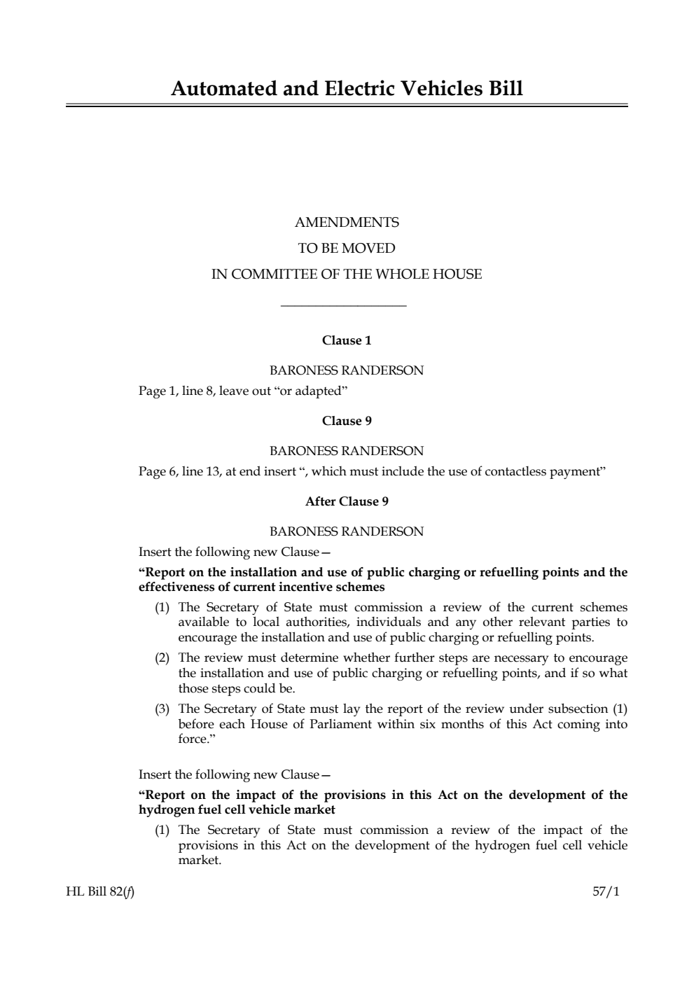 Automated and Electric Vehicles Bill Amendments