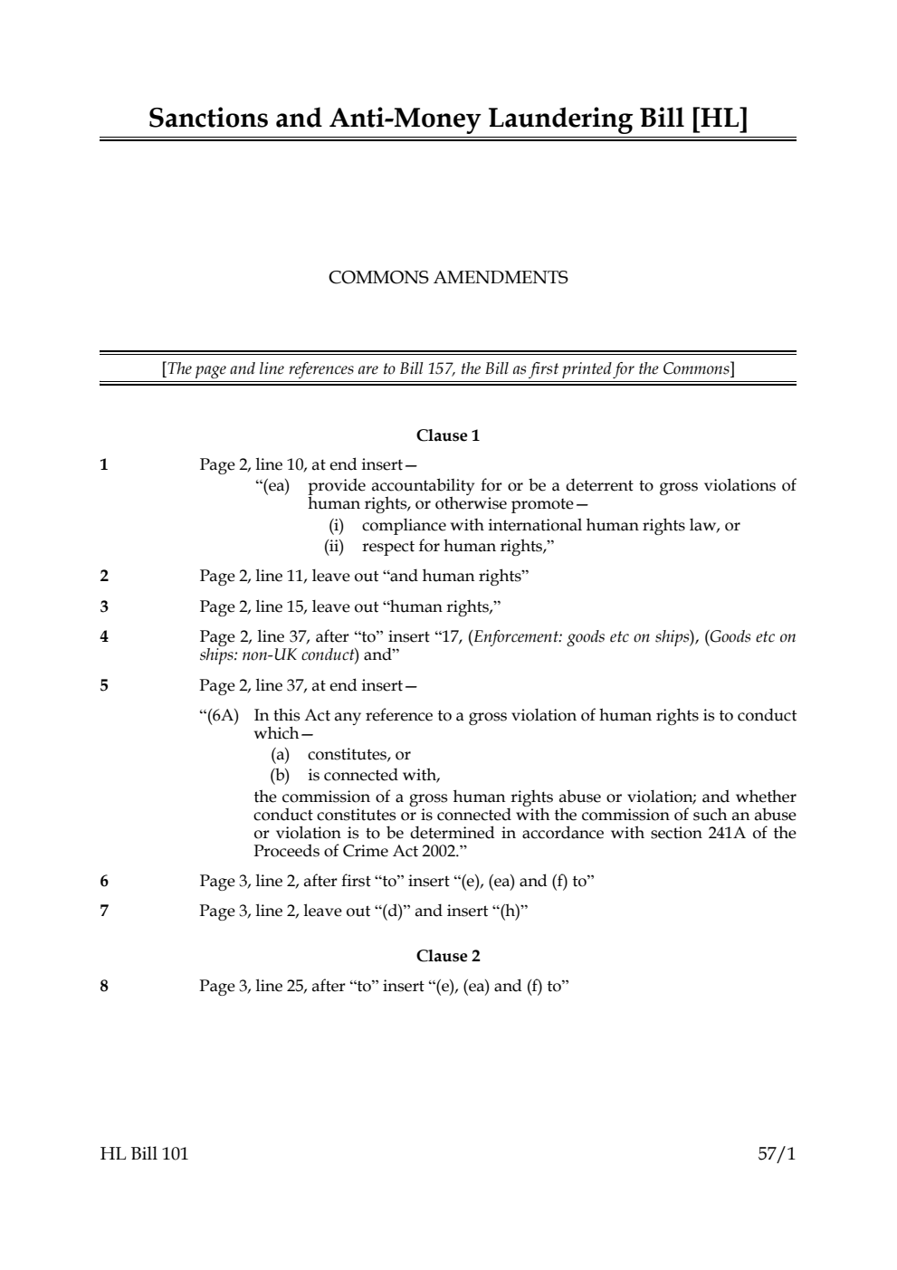 Sanctions and Anti-Money Laundering Bill Commons Amendments