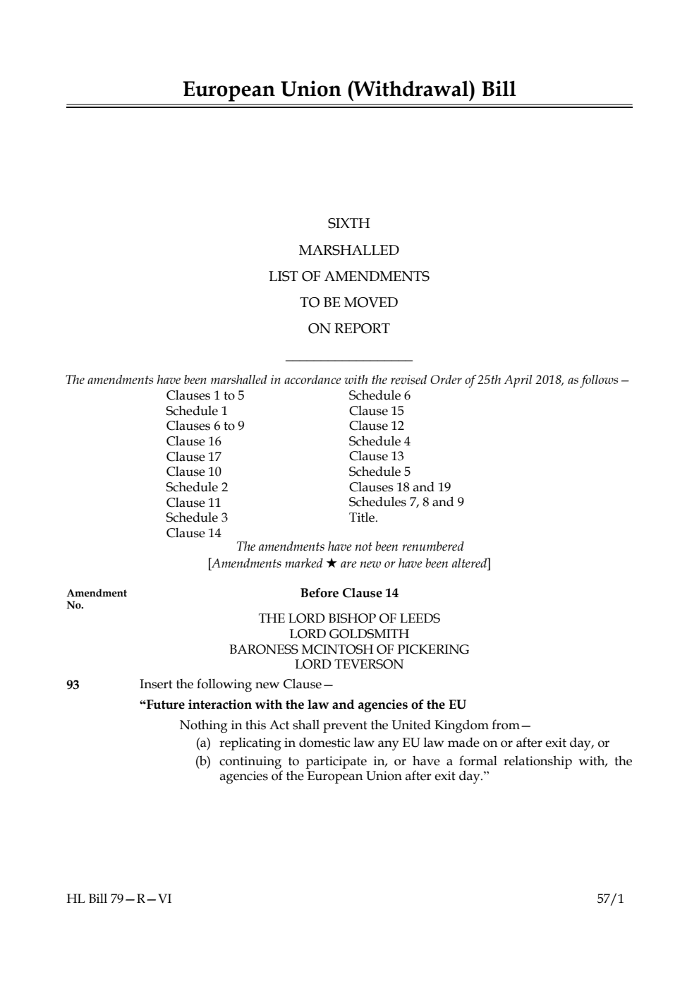 European Union (Withdrawal) Bill Lords Amendments 6th Marshalled List to be moved on report
